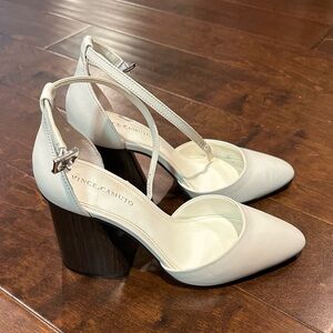 Vince Camuto white heels with faux wood block heel